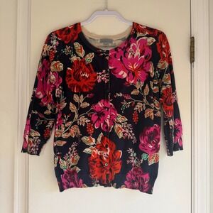 Joseph A Womens Floral Cardigan Sweater Navy Red Pink 3/4 Sleeve Size S